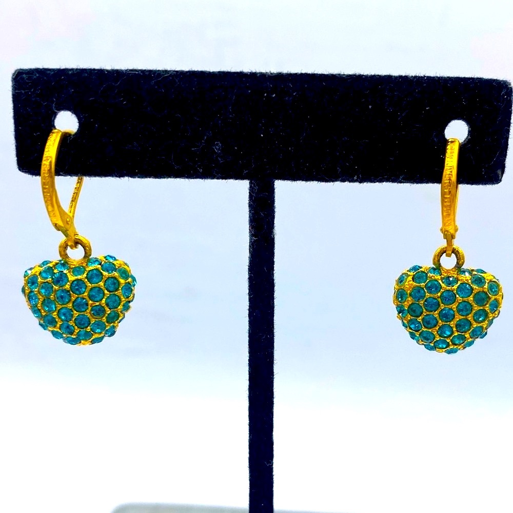 Joan Rivers Gold & Turquoise Sparkling Rhinestone Heart Shaped Pierced Earrings